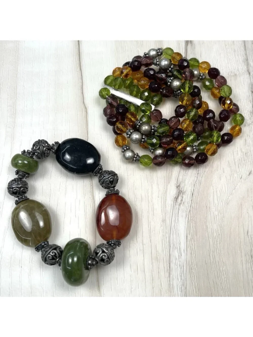 Lot 2 Handmade Beaded Stone Stretchy Bohemian Jewel Tone BRACELETS Sterling EUC